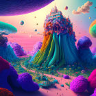 Colorful undulating terrain with oversized mushrooms and majestic castle in alien landscape