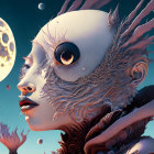 Surreal digital artwork of female figure with oversized eye and ornate textures, moons, floating islands