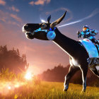 Futuristic scene with robotic dogs and person in high-tech armor at sunset