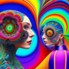 Vibrant digitally rendered figures with intricate patterns on colorful swirl background
