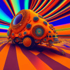 Colorful Abstract Art: Multidimensional Orange-Blue Bus with Circular Patterns