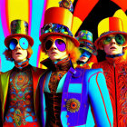 Colorful Psychedelic Costumes and Oversized Hats on Vibrant Group