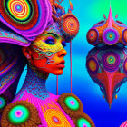Colorful surreal artwork: Female profile with intricate patterns on face and headdress against blue background.