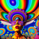 Colorful digital artwork: surreal golden-faced figure with butterfly sunglasses on fractal background