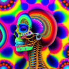 Colorful Psychedelic Skull with Extended Spine on Vibrant Background