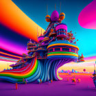 Colorful Psychedelic Mountain Landscape with Robots and Neon Sky