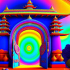 Colorful Psychedelic Artwork Featuring Asian Architecture and Surreal Landscape