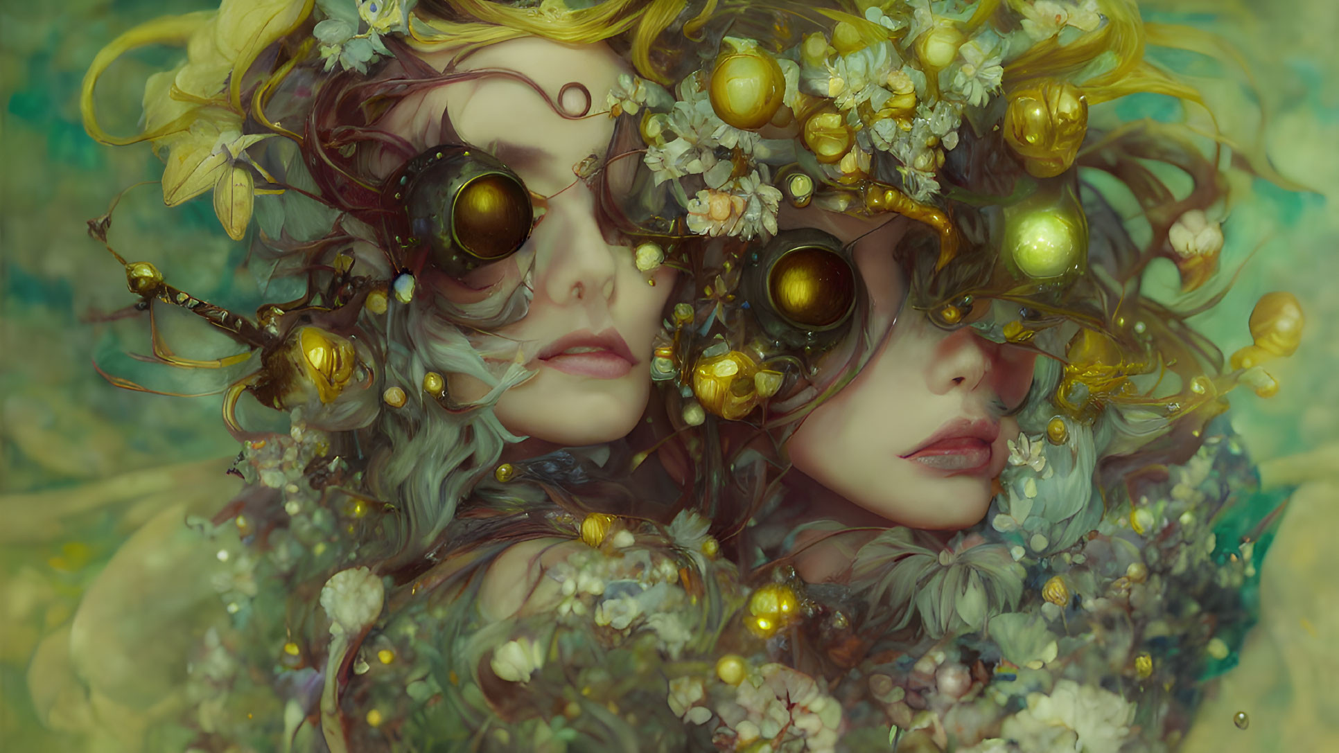 Digital painting of entwined figures with golden eyes in a dreamy, floral setting