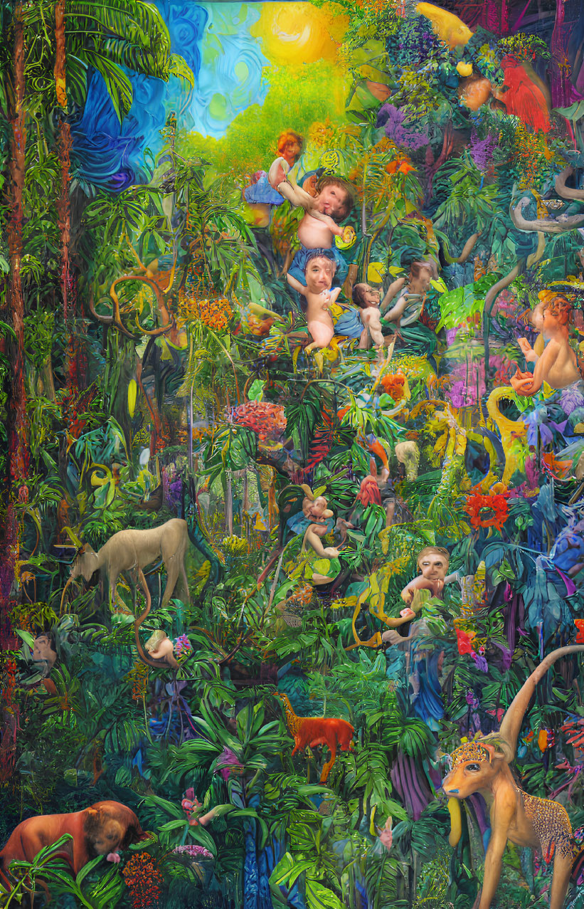 Colorful surreal jungle scene with cherubs, exotic birds, and mythical creatures