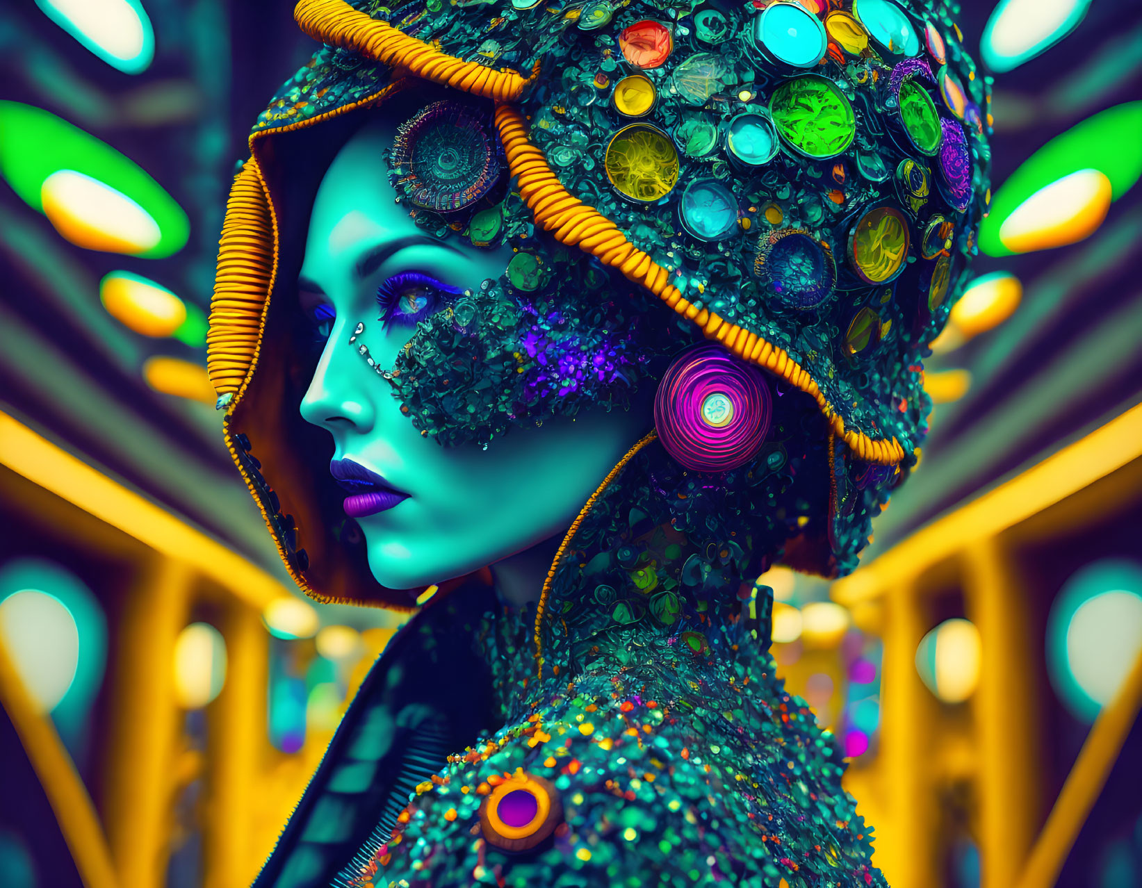 Colorful digital artwork: Female figure with blue skin and gemstones on neon-lit background