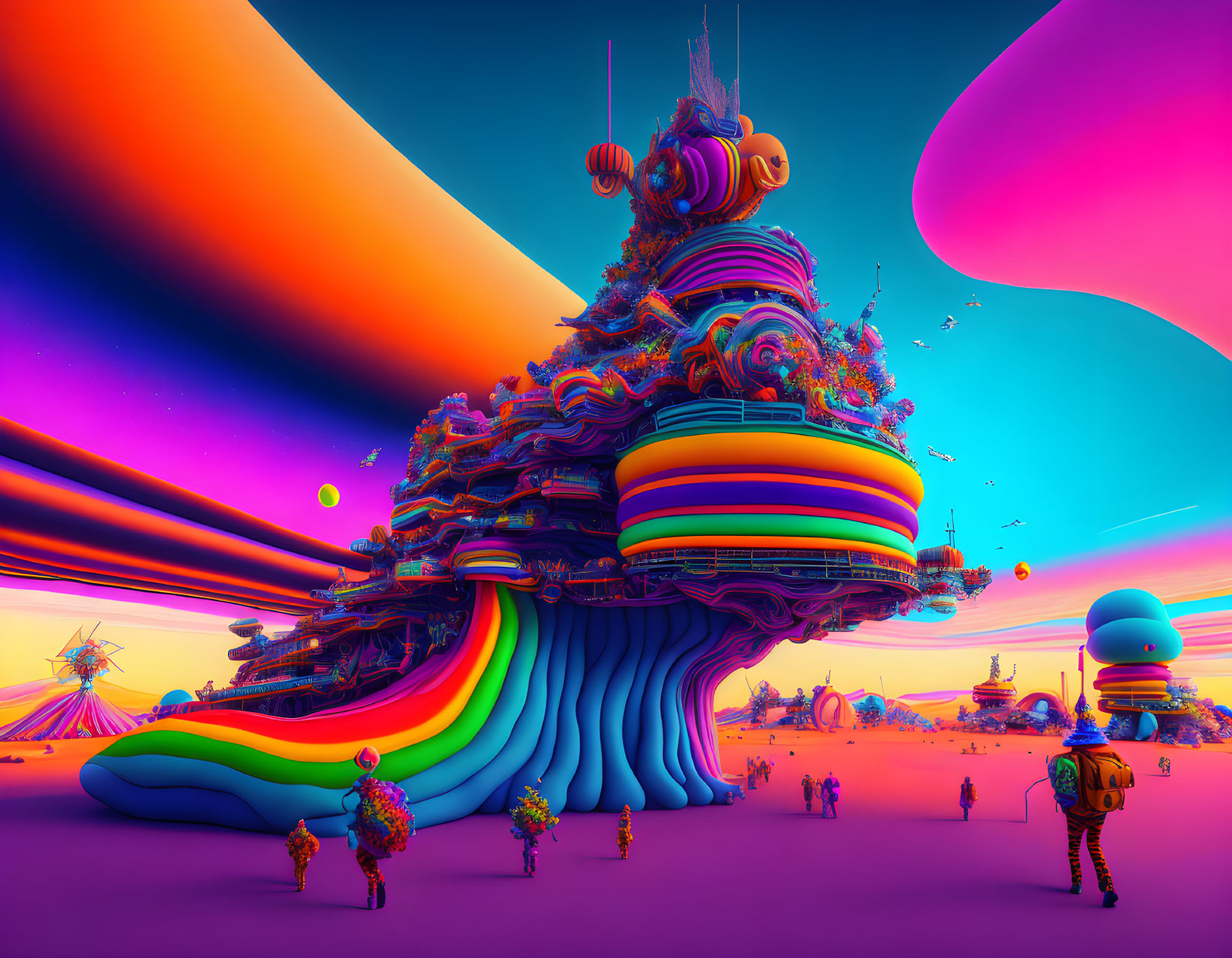 Colorful Psychedelic Mountain Landscape with Robots and Neon Sky