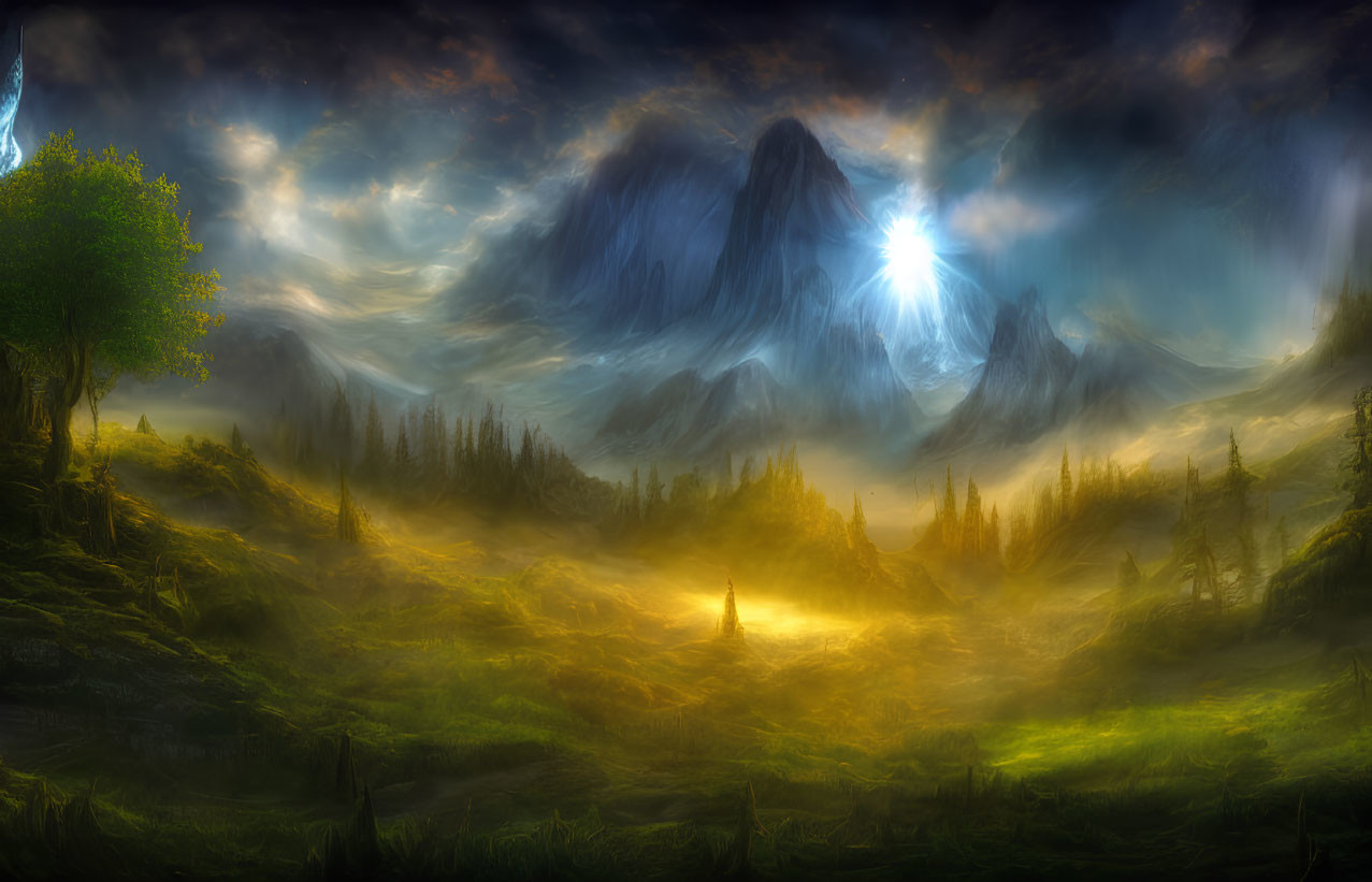 Mystical landscape with green fields, towering peaks, and celestial sky