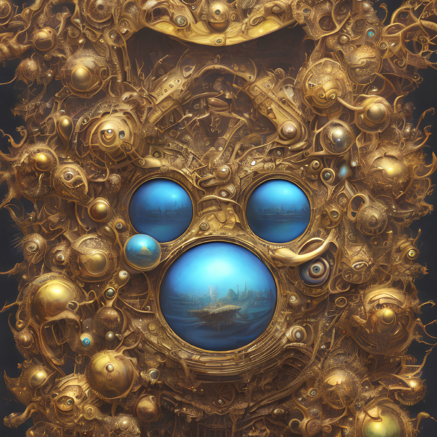 Detailed Steampunk Artwork with Golden Gears and Circular Windows