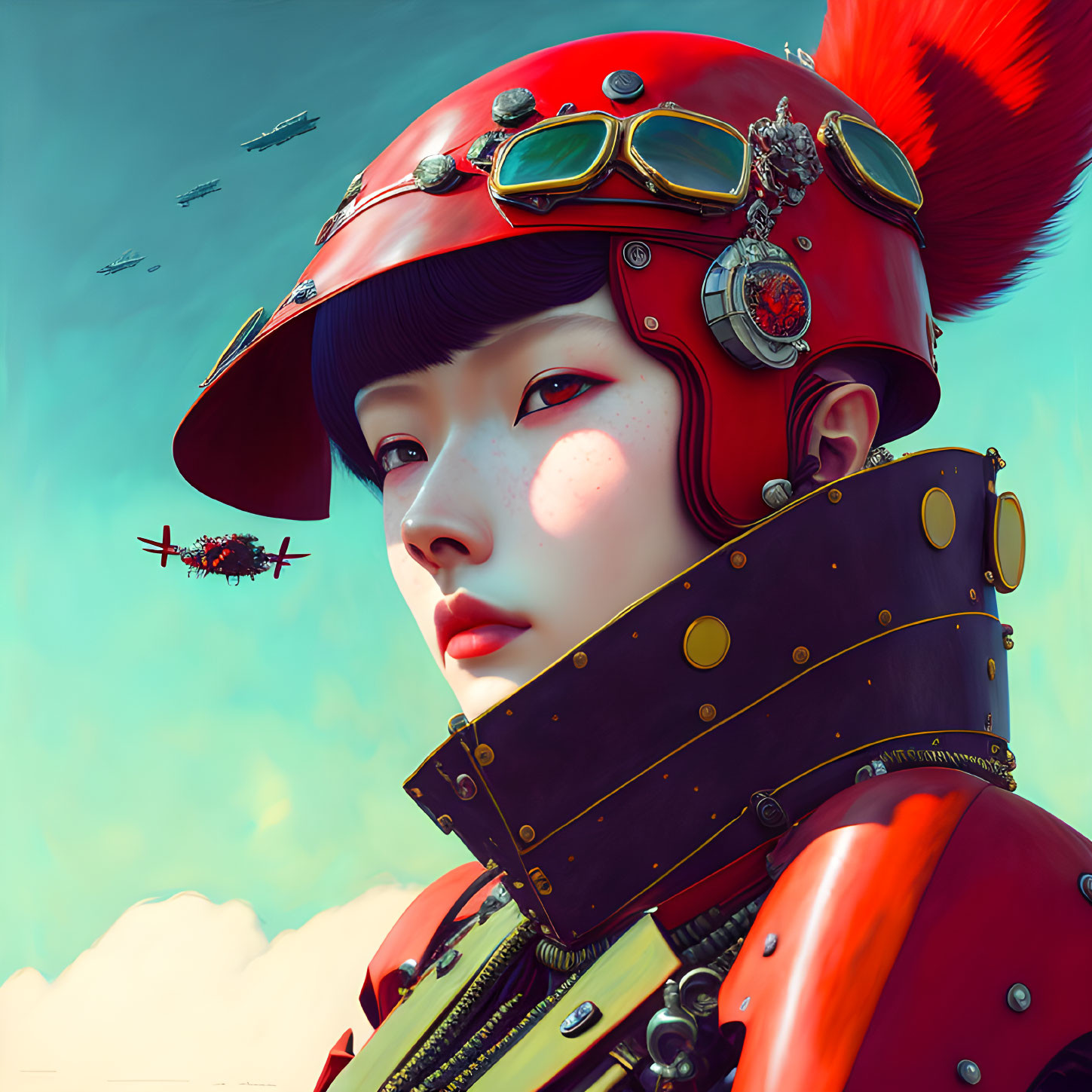 Futuristic digital portrait of a woman in red helmet and brass collar against sky with flying machines