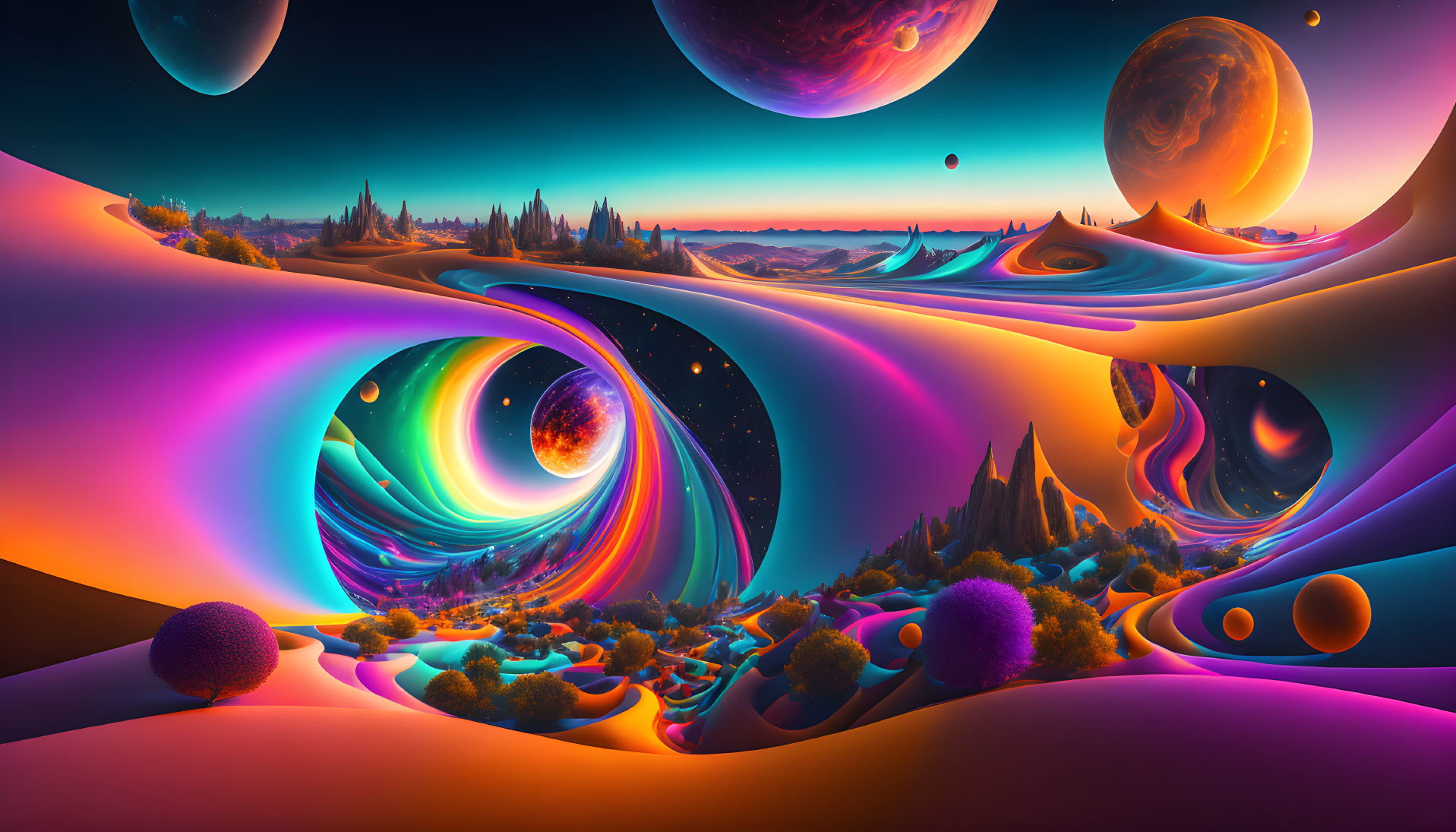 Colorful surreal landscape with alien plants and multiple planets in starry sky