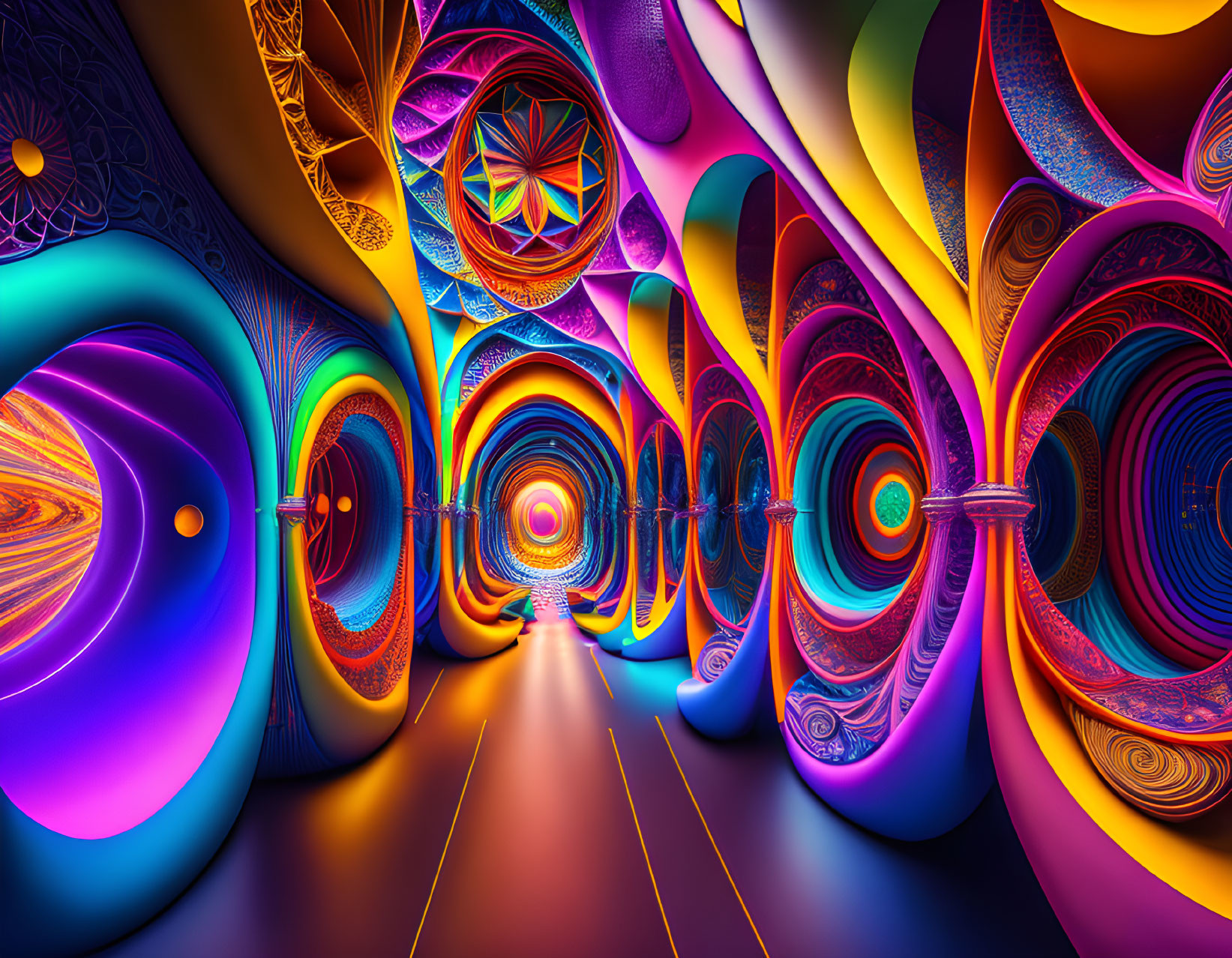 Colorful Psychedelic Digital Artwork with Tunnel Composition