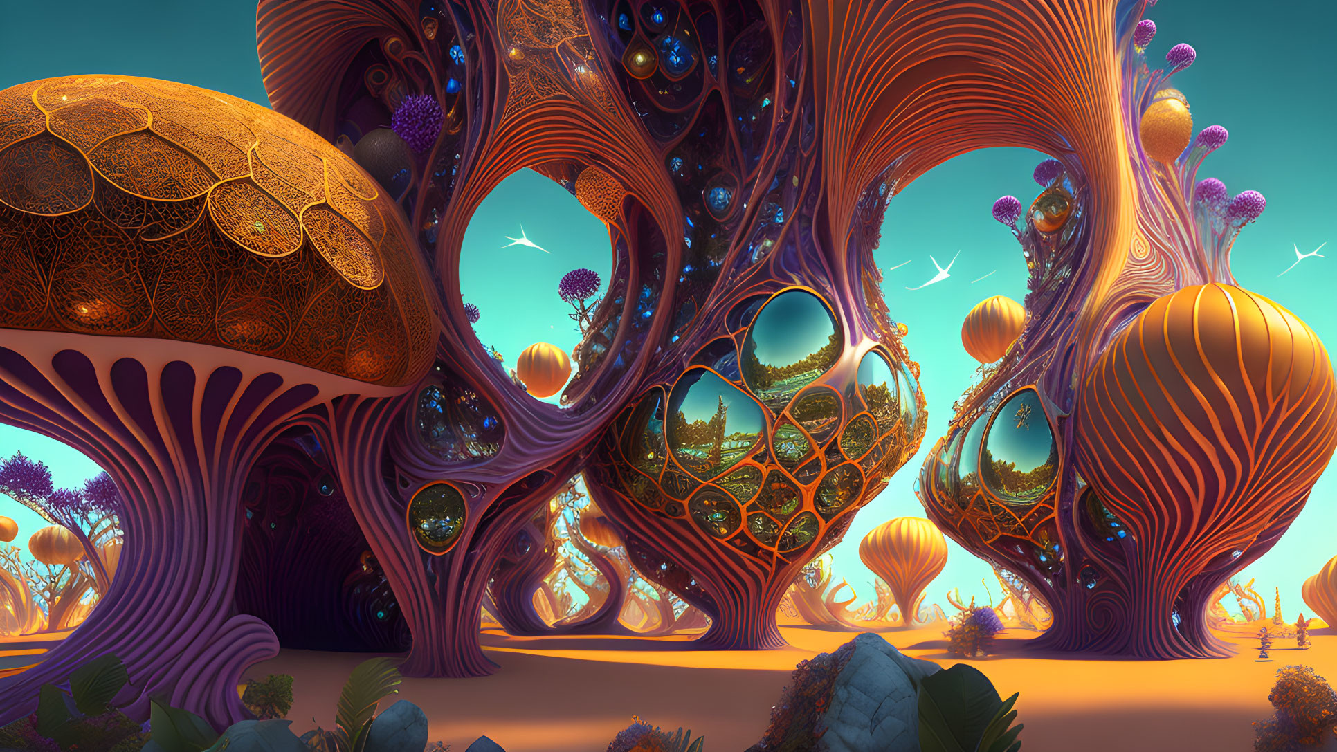 Fantastical landscape with intricate tree-like structures and surreal orange-blue color palette