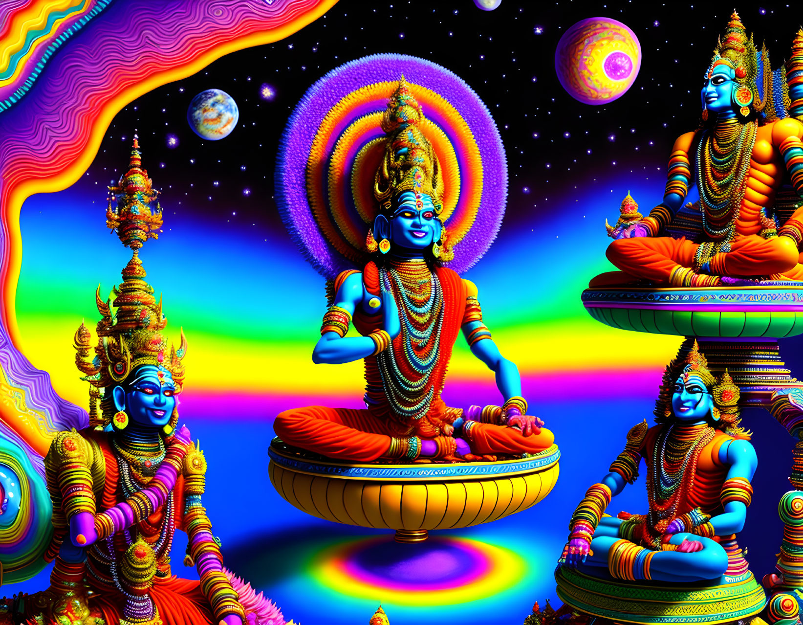 Blue-skinned Hindu deity in ornate attire on cosmic backdrop