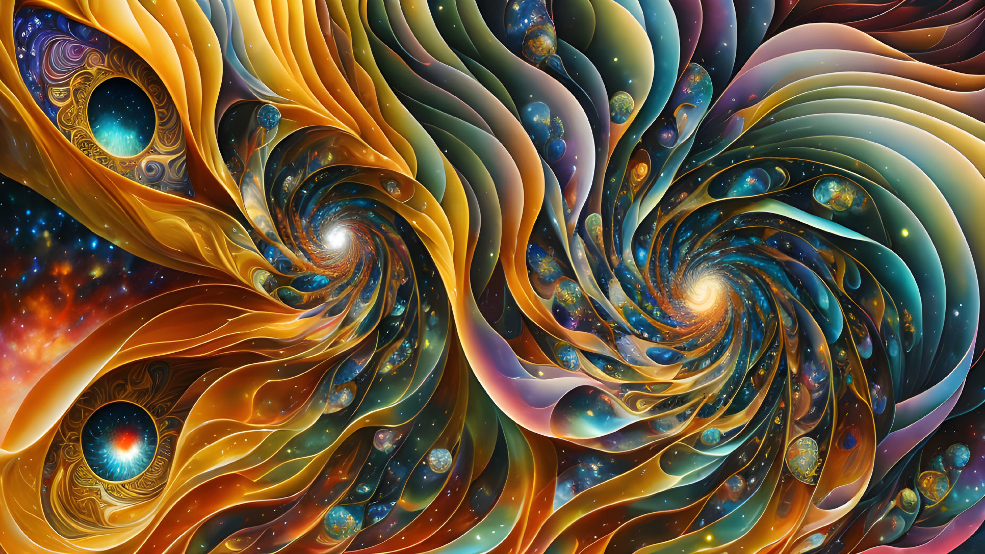 Colorful Cosmic Abstract Artwork with Swirling Patterns and Celestial Bodies