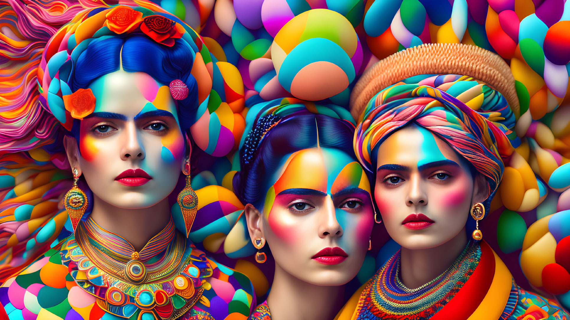 Colorful digital artwork: Three identical women with vibrant makeup and headdresses against multicolored spheres