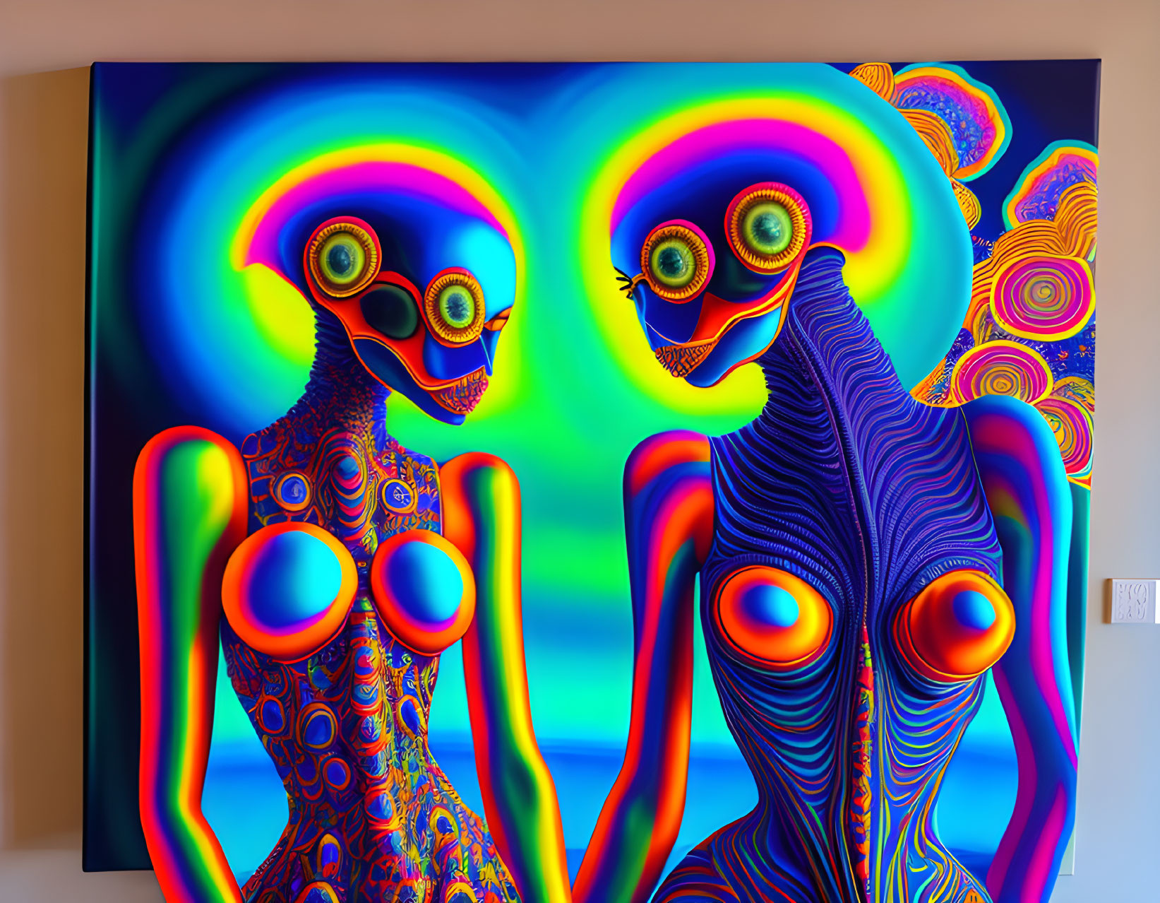 Colorful Psychedelic Artwork with Two Humanoid Figures