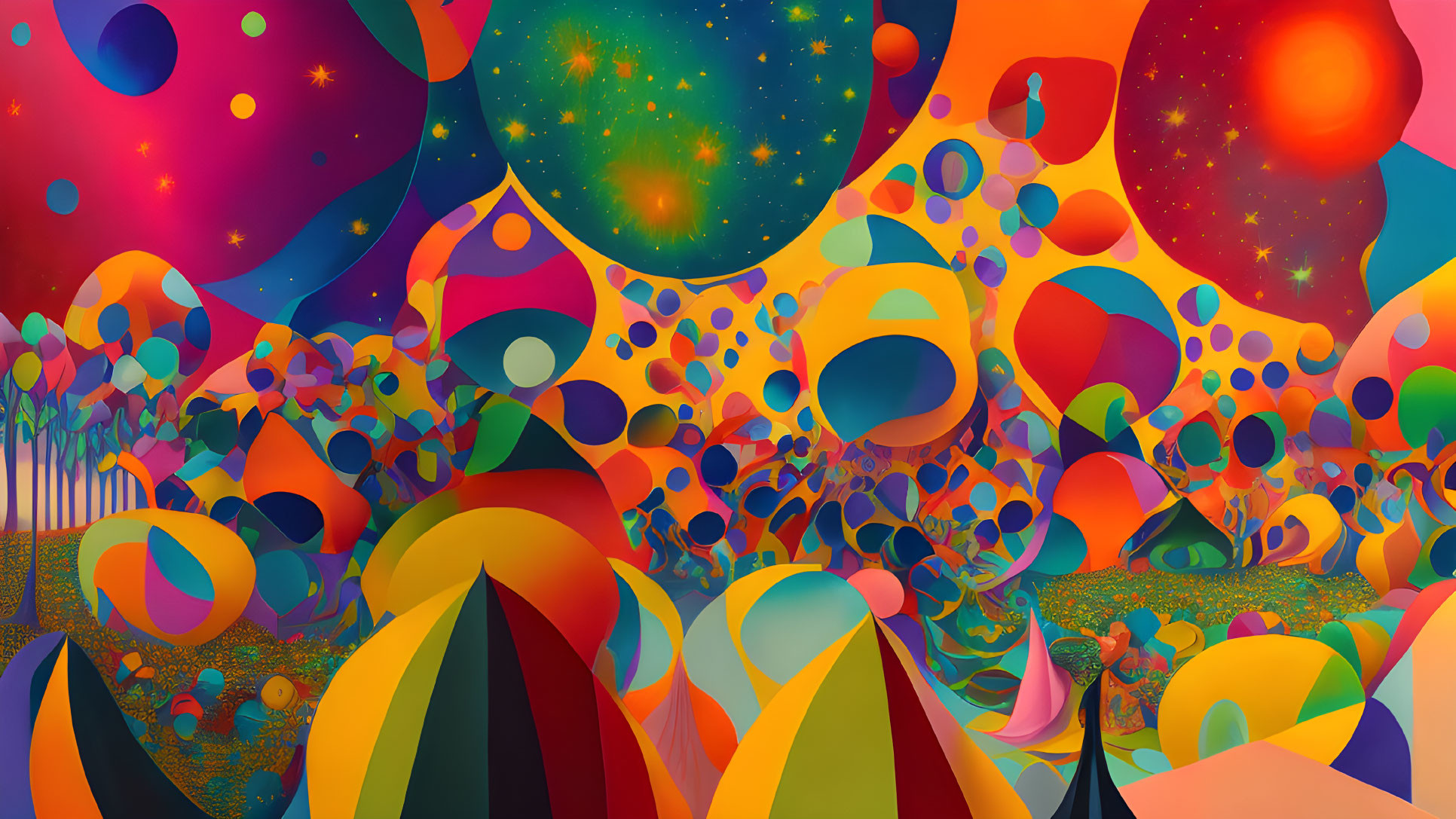 Colorful Psychedelic Landscape with Spheres, Celestial Bodies, and Whimsical Trees