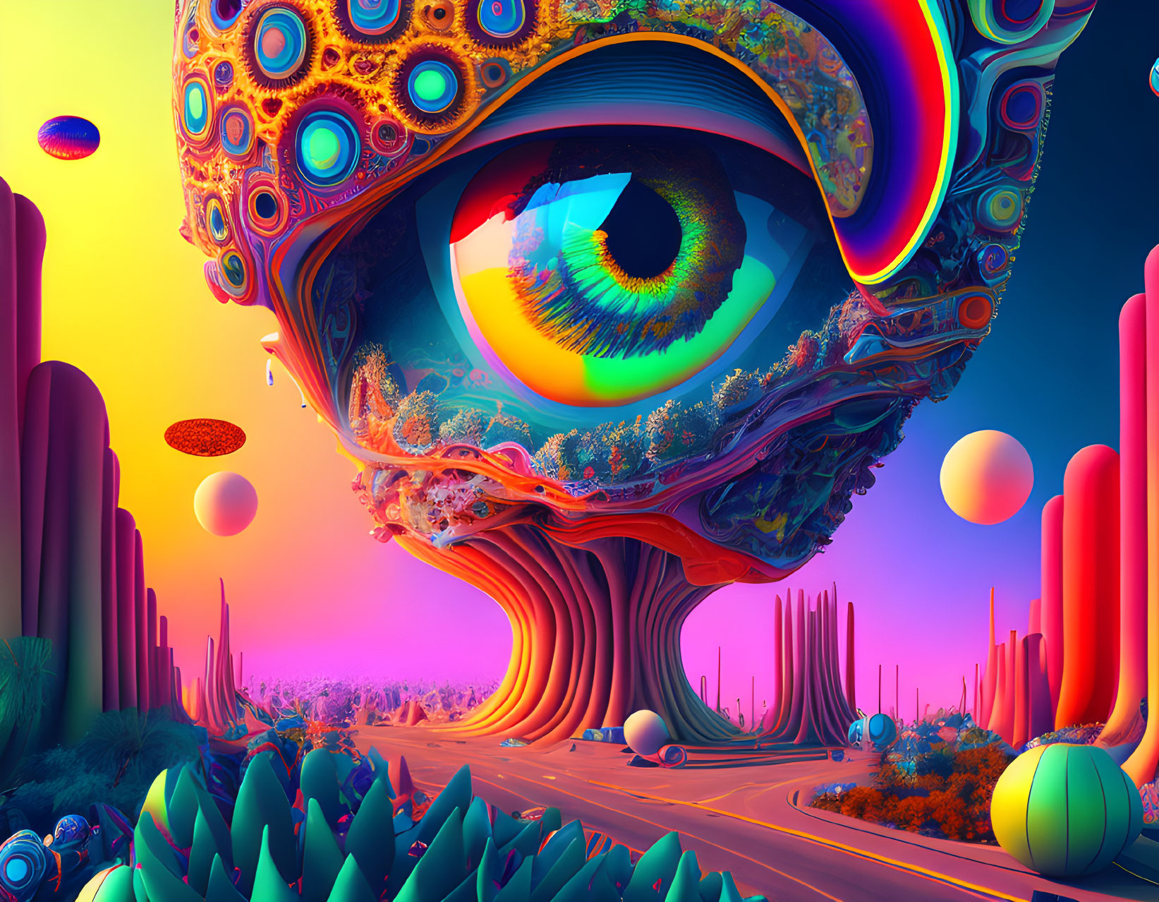 Colorful psychedelic landscape with eye-shaped structure and rainbow sky