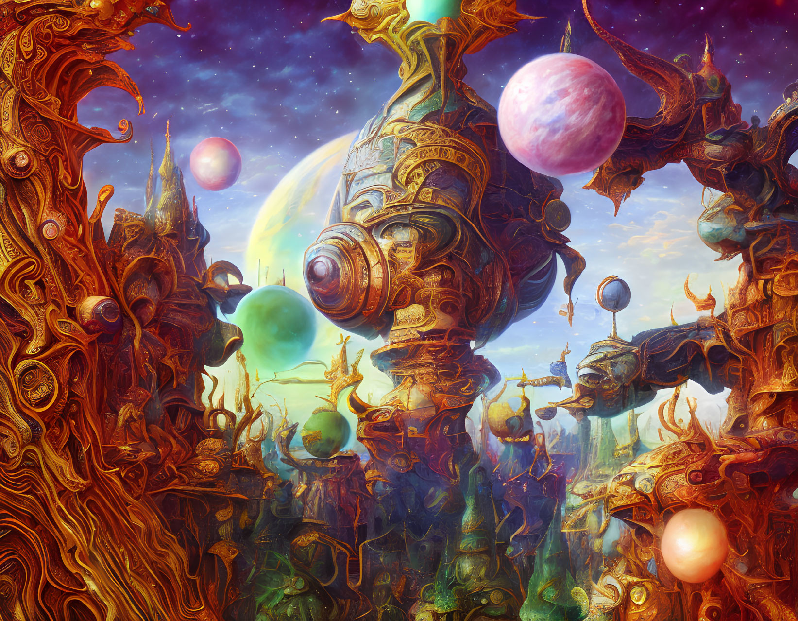 Intricate Golden Structures in Vibrant Sci-Fi Landscape