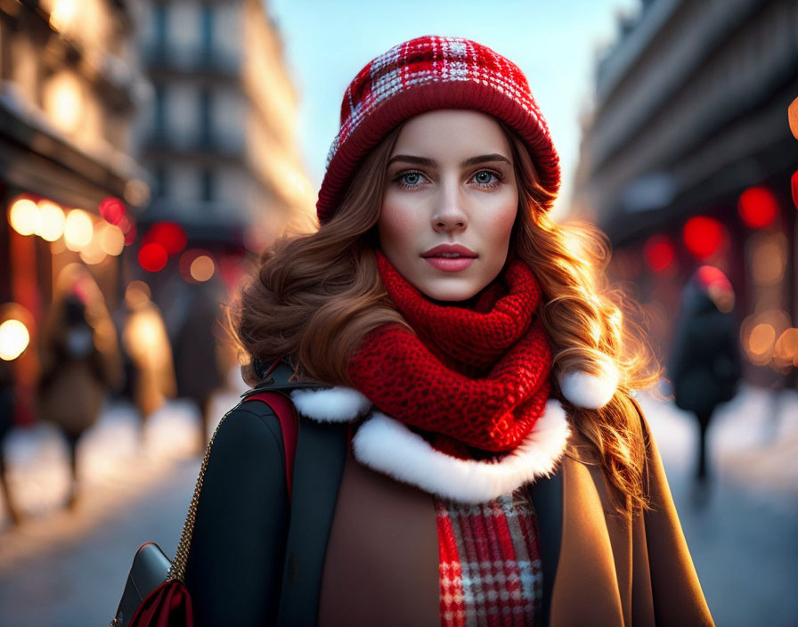 Blue-eyed woman in red hat, scarf, and coat on city street.