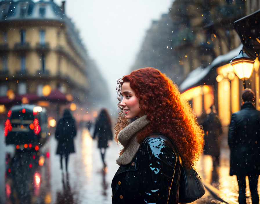 Curly Red-Haired Woman Smiling on Rainy City Street