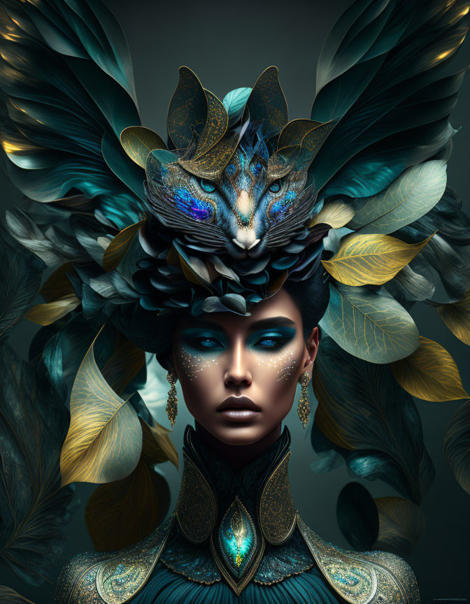 Stylized portrait of a woman with blue and gold feathers and peacock headdress