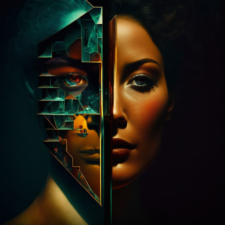 Surreal portrait of woman with fractured geometric shapes depicting contrasting faces