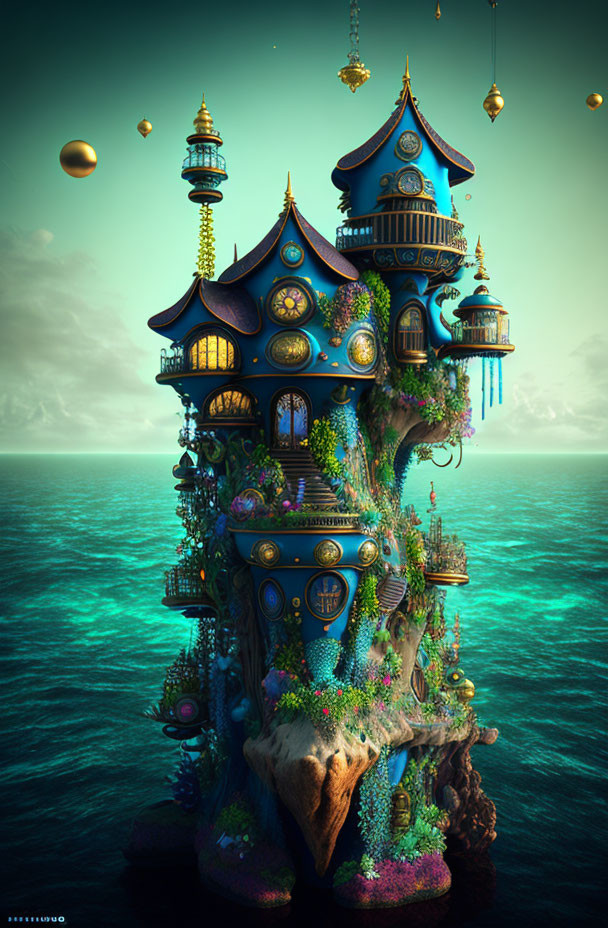 Fantasy Treehouse with Blue Roofs and Ocean View