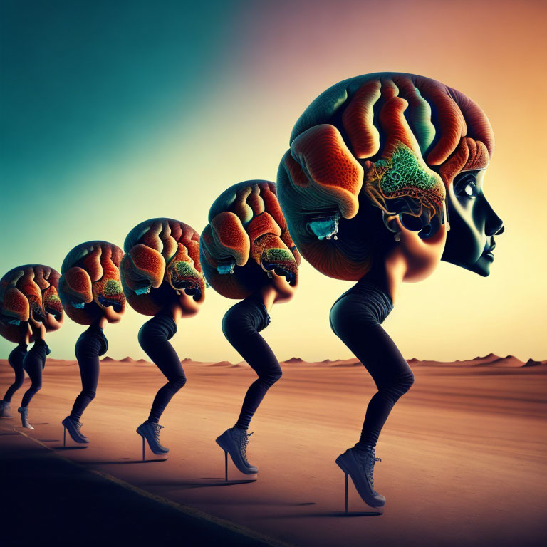 Surreal desert scene: figures with brain-shaped heads and female features on stiletto heels