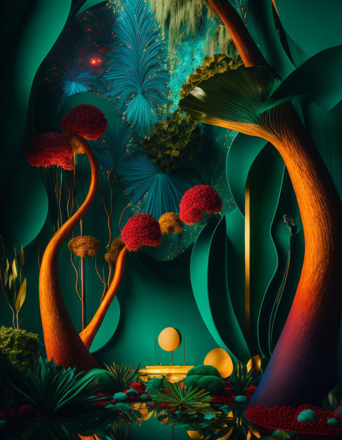 Vibrant Tropical Forest Scene with Stylized Trees and Mirror