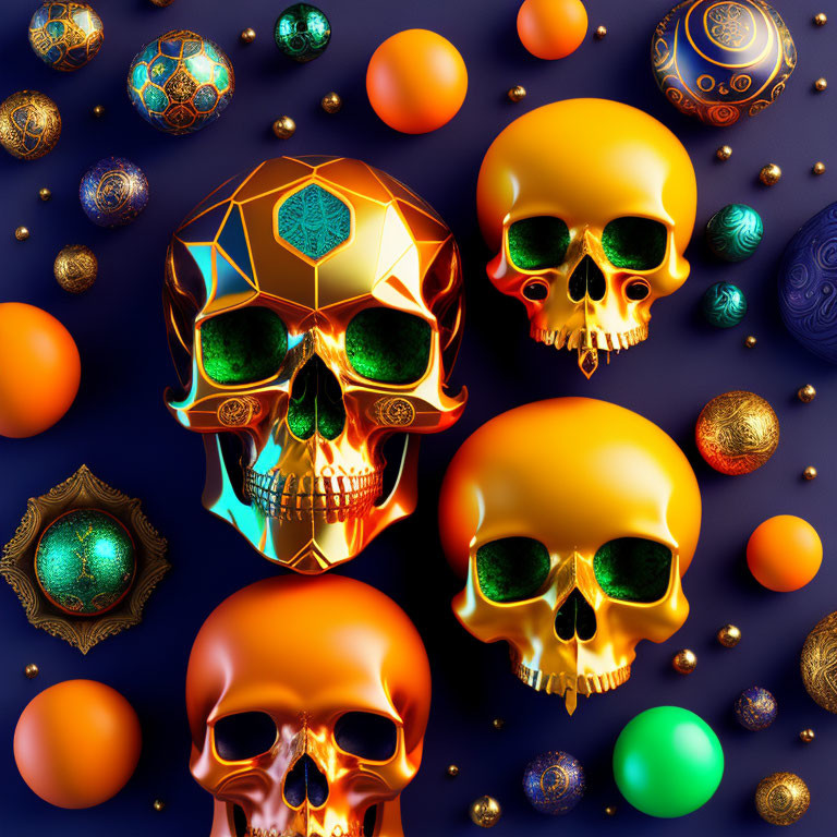 Vibrant human skulls and ornate spheres on dark backdrop