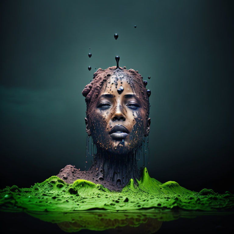 Surreal portrait of person with melting skin on dark backdrop