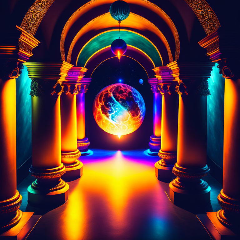 Ornate Arches and Cosmic Globe in Vibrant Corridor