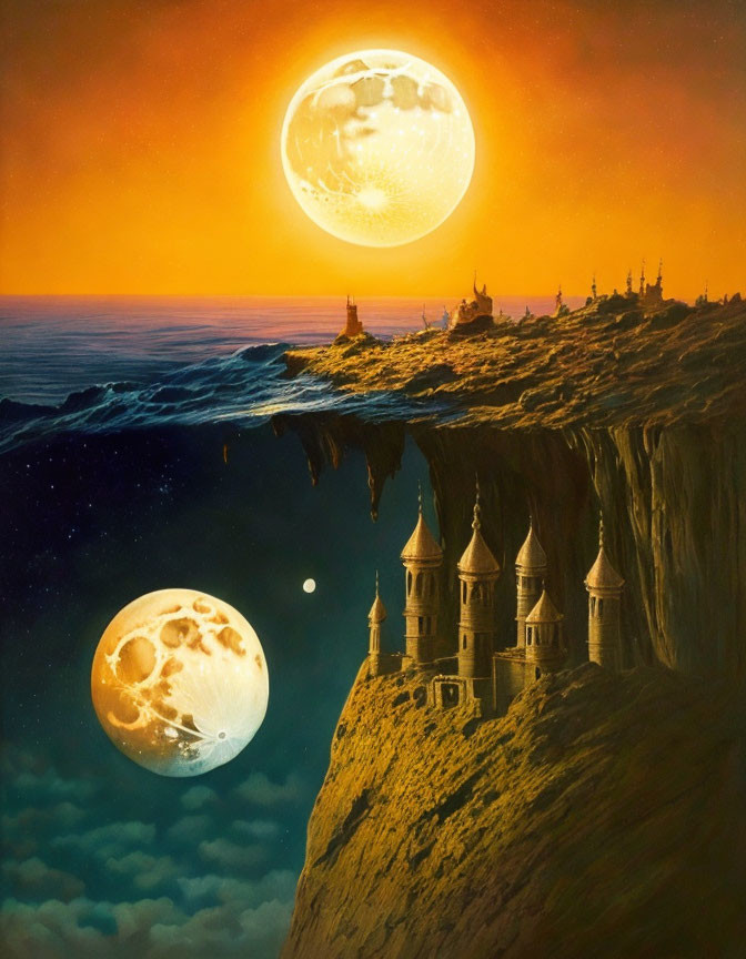 Fantastical landscape with floating islands, castles, and two moons