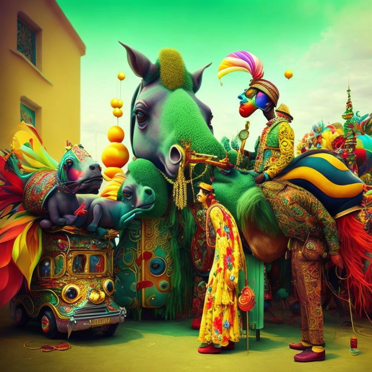 Colorful Scene: Person in Elaborate Costume Playing Horn Near Whimsical Horse and Quir