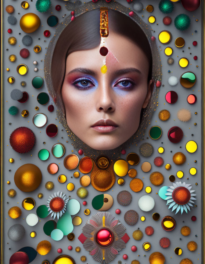 Colorful surreal spheres surrounding woman's face in vibrant artwork