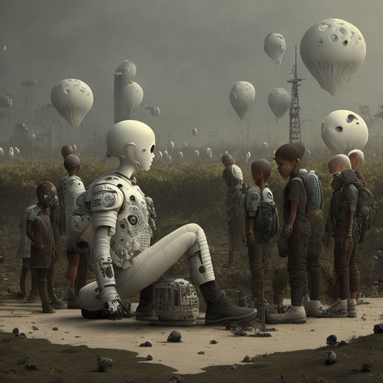 Detailed humanoid robot among children in dystopian landscape with balloons.