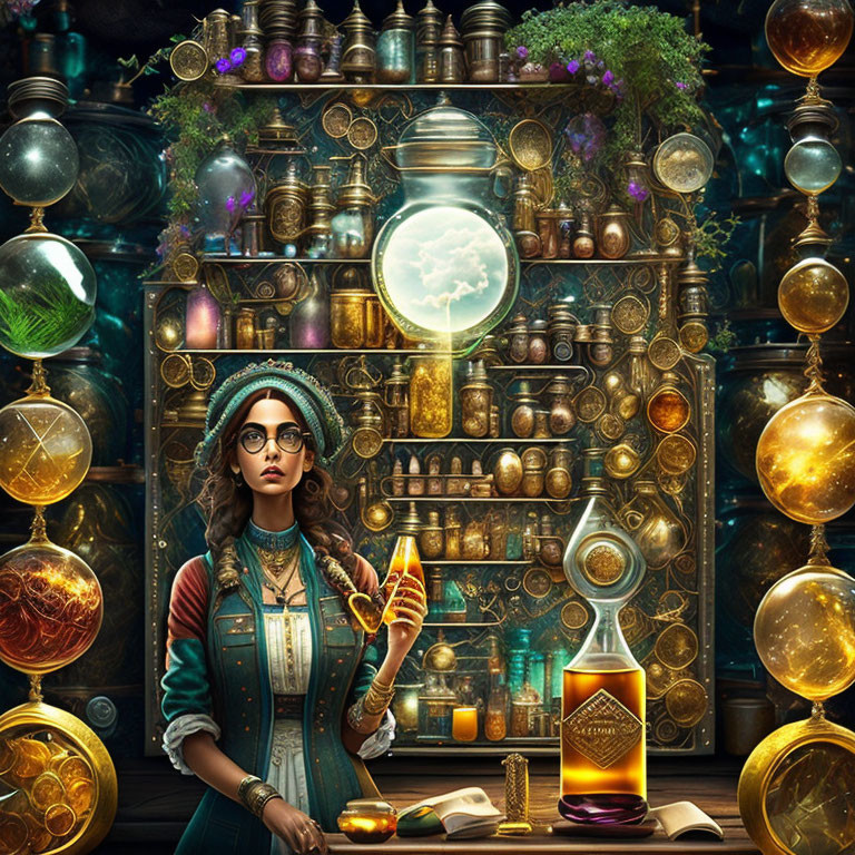 Woman in Hat and Glasses with Mystical Artifacts and Glowing Orbs Holding Luminous Potion