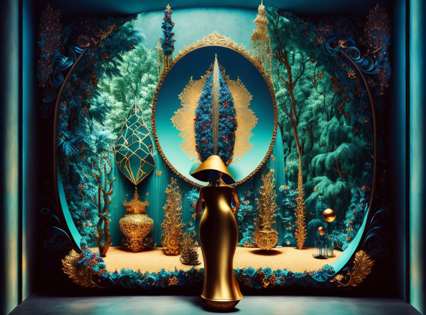 Surreal golden vase and mirror with headless figure in forest-themed decor