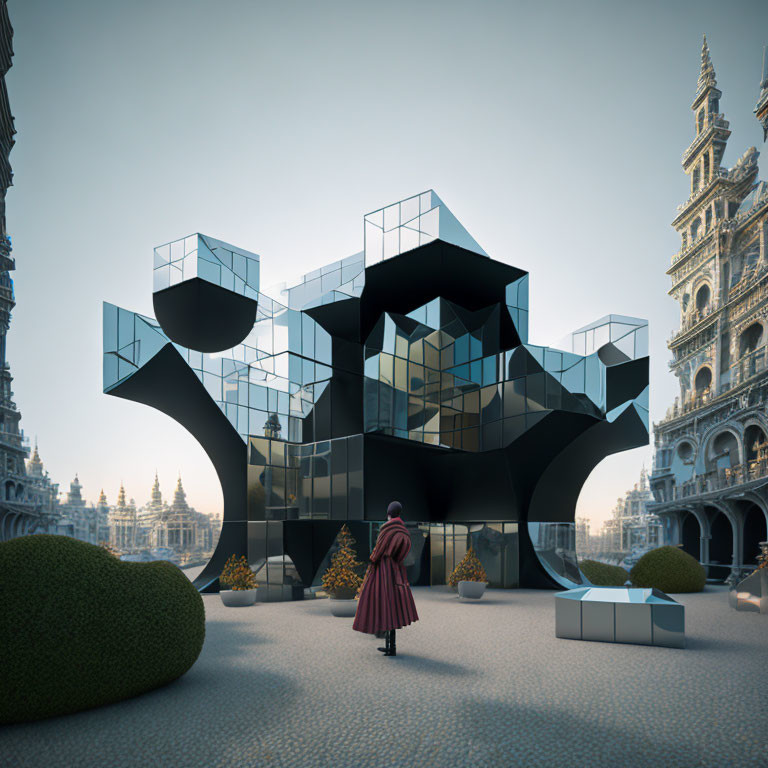 Pink-coated person views modern black building with cube structures and hedges against historic backdrop under clear sky