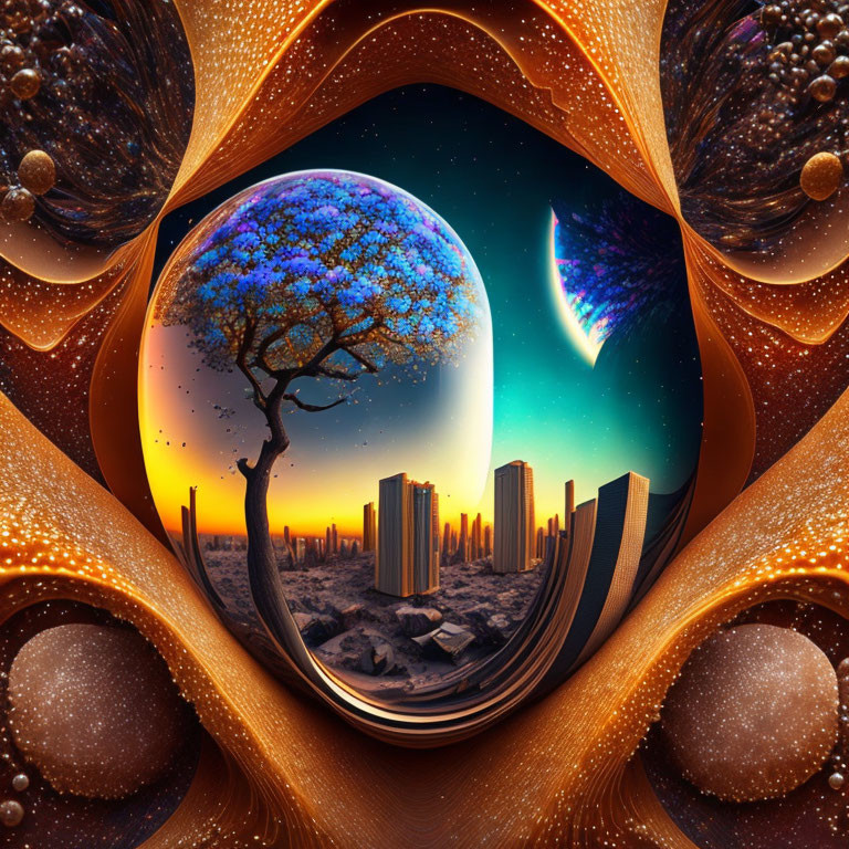 Surreal digital artwork: orb frames fantasy landscape, tree, cityscape, aurora, star