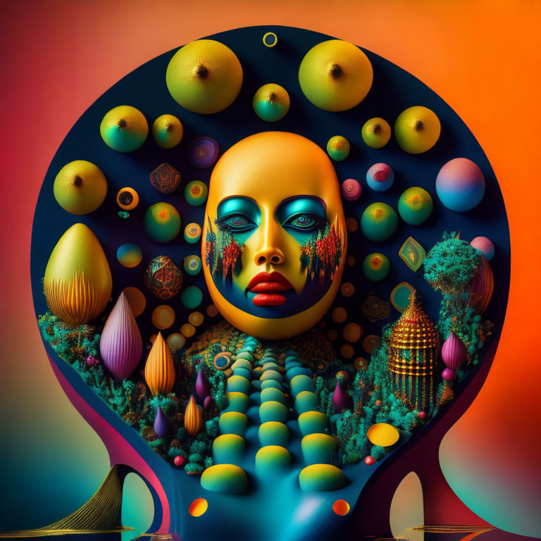 Colorful Surreal Portrait with Stylized Human Face & Geometric Patterns