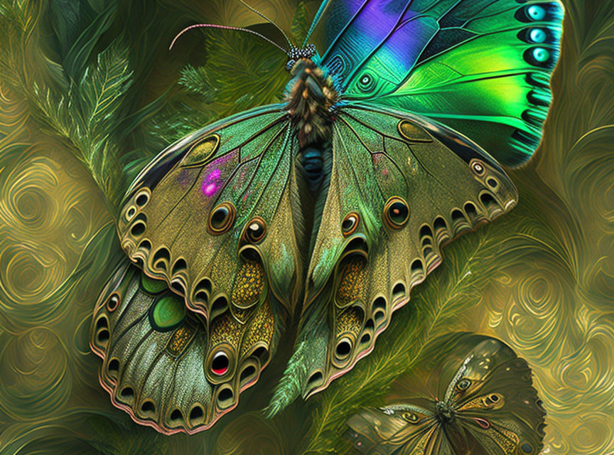 Vibrant green and blue butterfly on golden swirl background