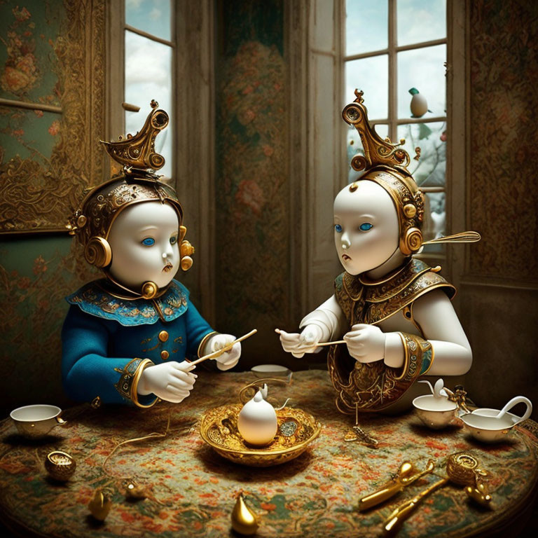 Ornate doll-like figures in royal attire at tea table with bird in whimsical setting