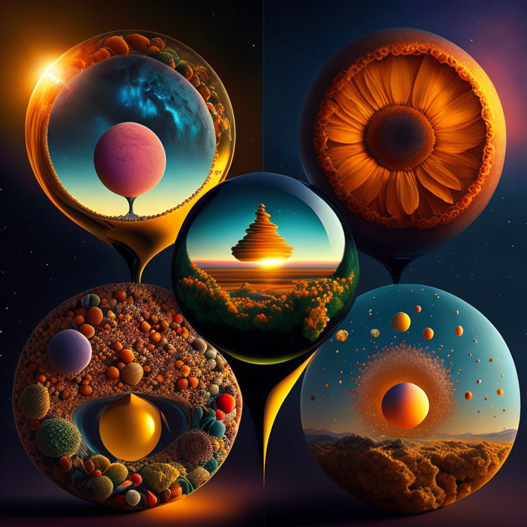 Vibrant surrealistic spheres with fantastical landscapes under twilight sky